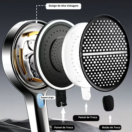 Cabeça de chuveiro com aumento de pressão, 4 modos, 15cm, painel grande, preto